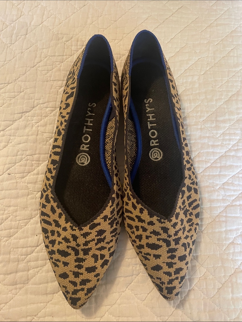 Rothy's Leopard-Print Pointed Knit Flats in Tan and Black